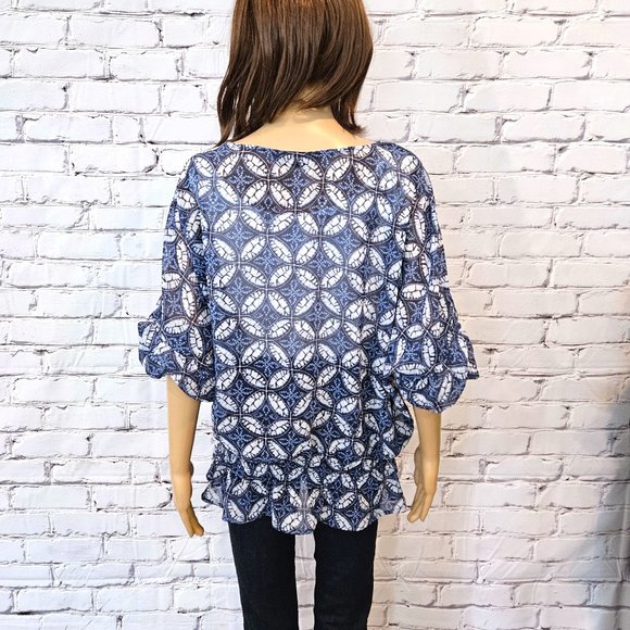 NWOT eShakti blue and white print sheer top - Picture 10 of 15